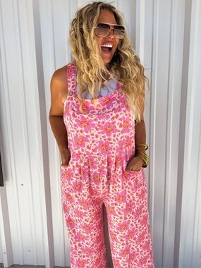 Pink Floral Print Wide-Leg Romper Overalls